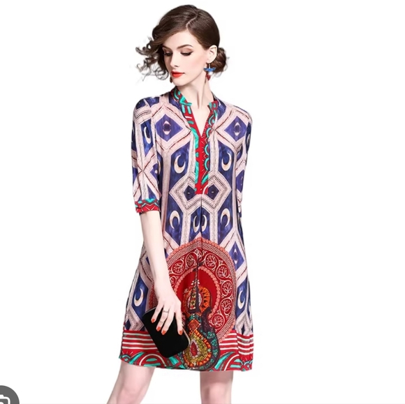 Ezpopsy Tops - 100% Silk Bohemian Geometric Print Tunic in Blue and Red XS